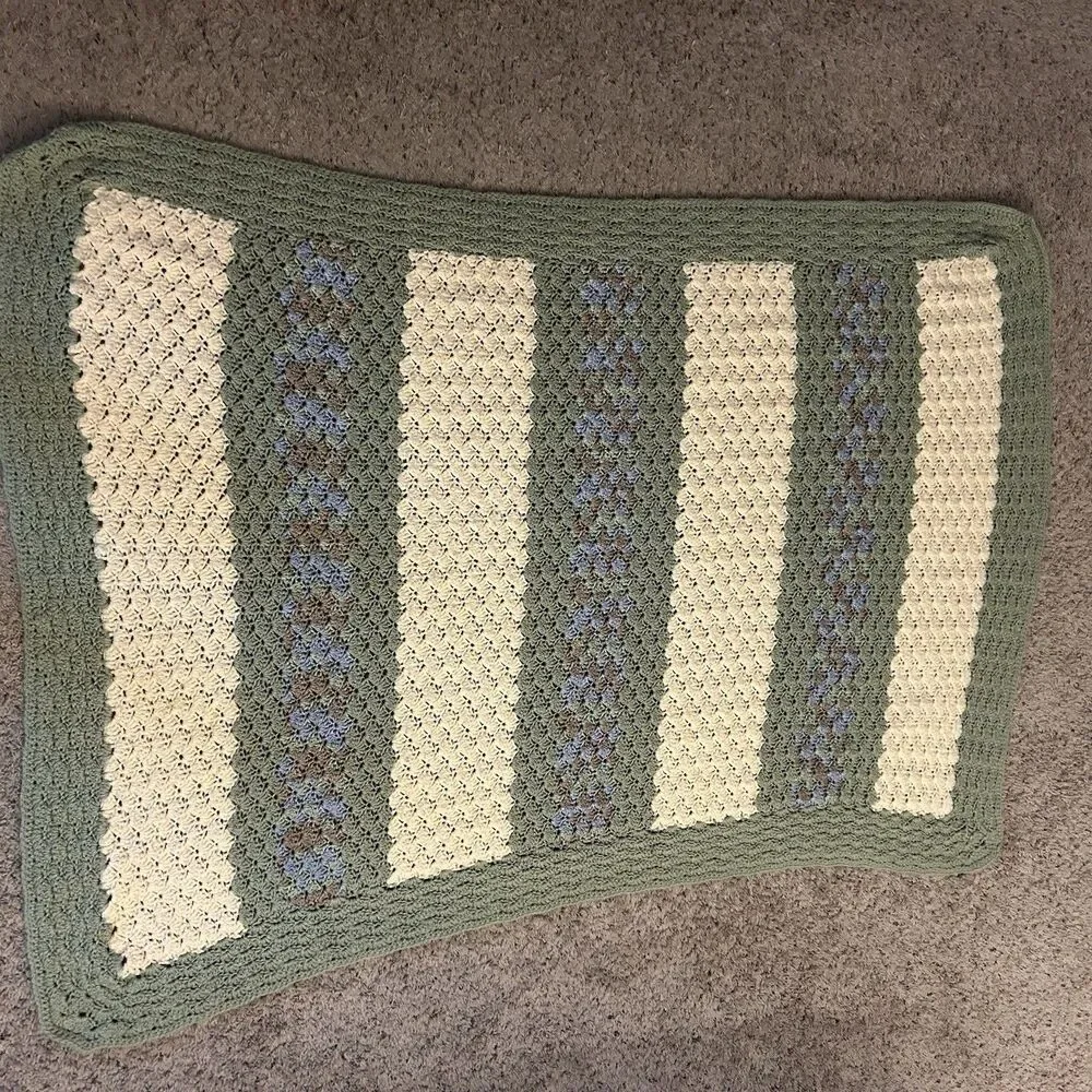 Handmade Crochet Afghan Lap/sofa Blanket 38 x 70” Green Cream Blue Brown